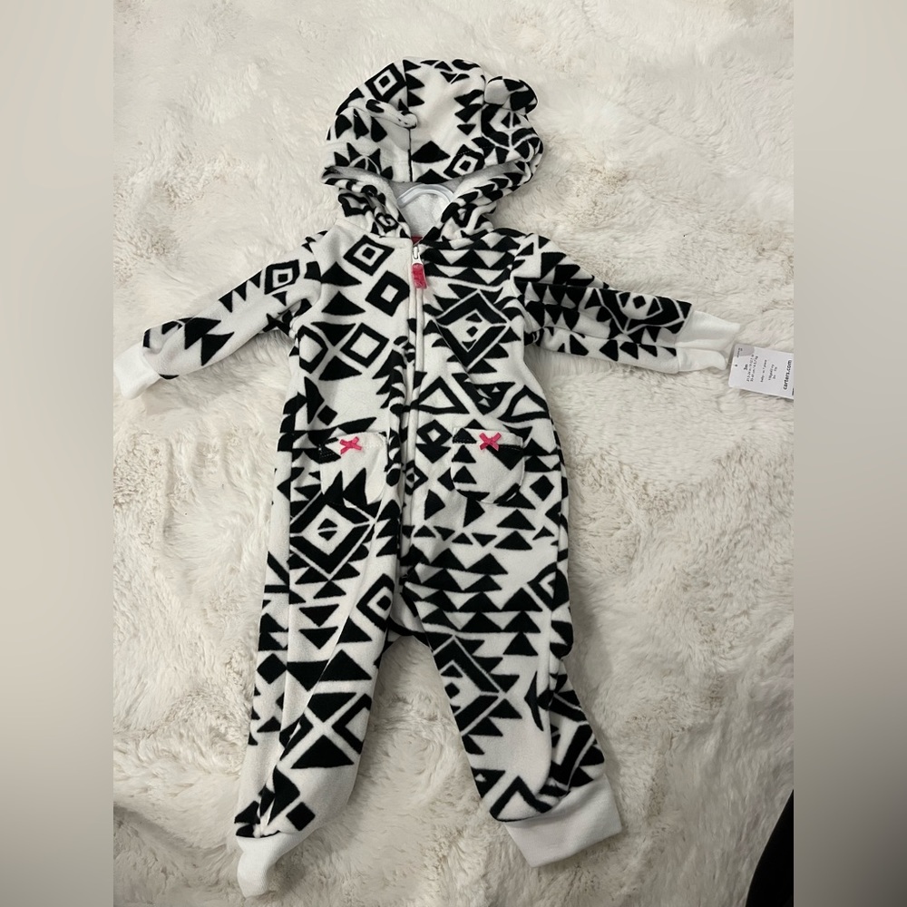 Fun, fluffy, black and white, fleece, Carter’s, baby one piece. Size 3m.